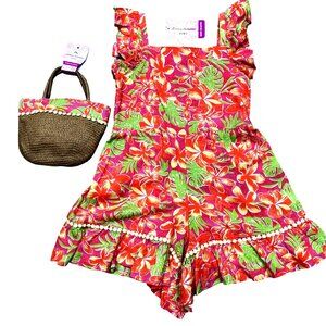 Tommy Bahama Girls Floral Romper Dress & Straw Purse Set - Tropical Print 7 NWT